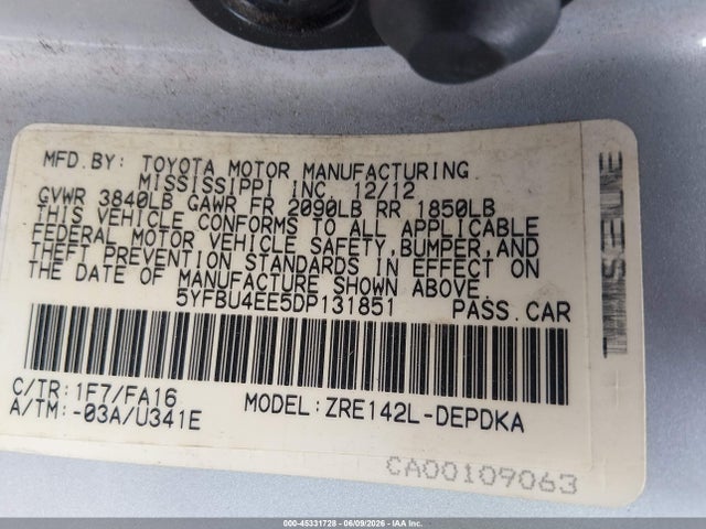 Aukcja sprzedaży 2013 Toyota Corolla L, vin: 5YFBU4EE5DP131851, numer aukcji: 45331728