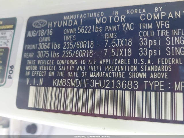 45331731 :رقم المزاد ، KM8SMDHF3HU213683 vin ، 2017 Hyundai Santa Fe Se مزاد بيع