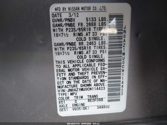 45331733 :رقم المزاد ، JN8AZ1MU0CW114423 vin ، 2012 Nissan Murano Sl مزاد بيع