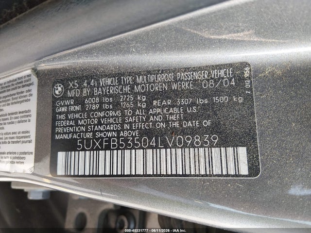 Aukcja sprzedaży 2004 Bmw X5 4.4i, vin: 5UXFB53504LV09839, numer aukcji: 45331777