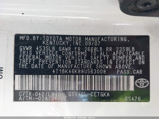 Aukcja sprzedaży 2008 Toyota Camry Xle V6, vin: 4T1BK46K88U563008, numer aukcji: 45331794