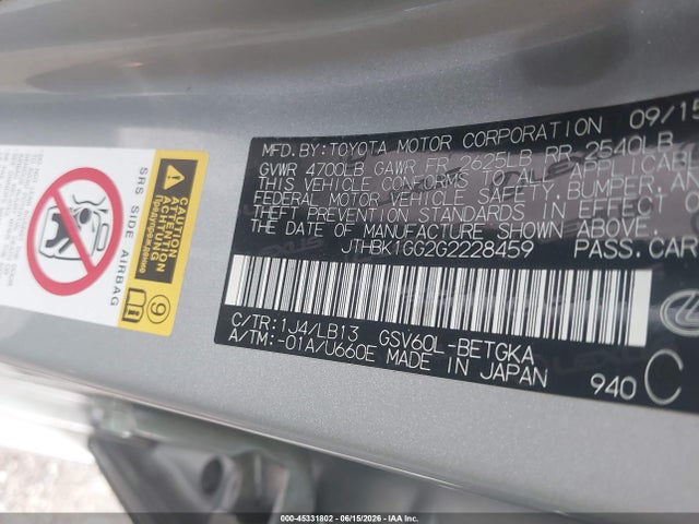 45331802 :رقم المزاد ، JTHBK1GG2G2228459 vin ، 2016 Lexus Es 350 مزاد بيع