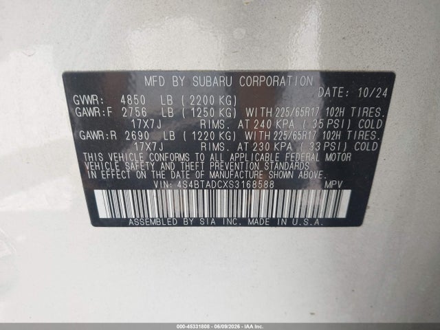 Продаж на аукціоні авто 2025 Subaru Outback Premium, vin: 4S4BTADCXS3168588, номер лоту: 45331808