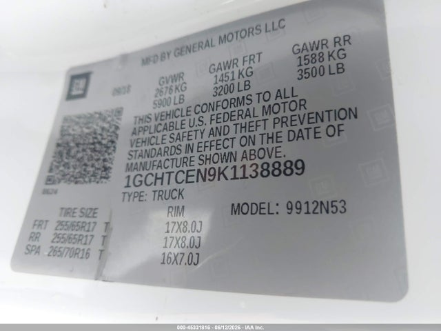 45331816 :رقم المزاد ، 1GCHTCEN9K1138889 vin ، 2019 Chevrolet Colorado Lt مزاد بيع