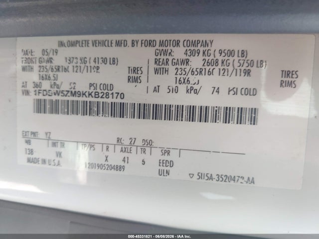 Продаж на аукціоні авто 2019 Ford Transit-350 Cab, vin: 1FDBW5ZM9KKB28170, номер лоту: 45331821