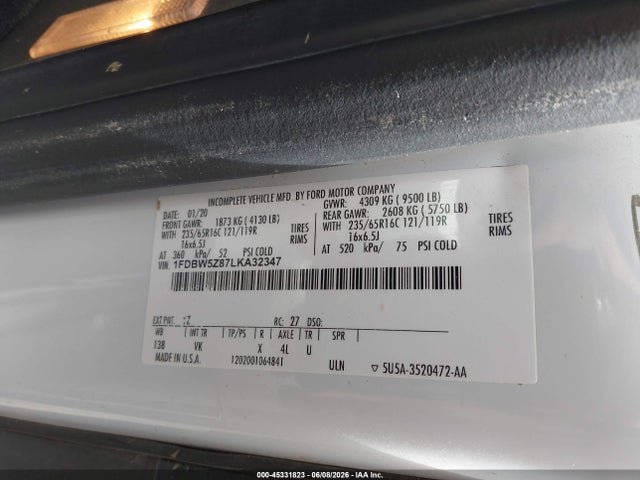 Aukcja sprzedaży 2020 Ford Transit-350 Cab, vin: 1FDBW5Z87LKA32347, numer aukcji: 45331823