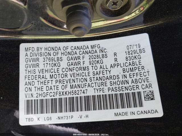 45331850 :رقم المزاد ، 2HGFC2F8XKH582747 vin ، 2019 Honda Civic Sport مزاد بيع