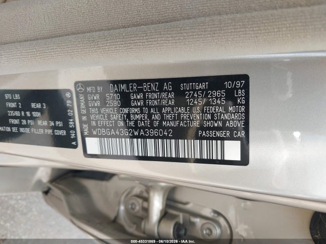 Aukcja sprzedaży 1998 Mercedes-benz S 420, vin: WDBGA43G2WA396042, numer aukcji: 45331869