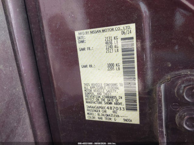 Продаж на аукціоні авто 2014 Nissan Maxima 3.5 S/3.5 Sv, vin: 1N4AA5AP6EC487033, номер лоту: 45331880