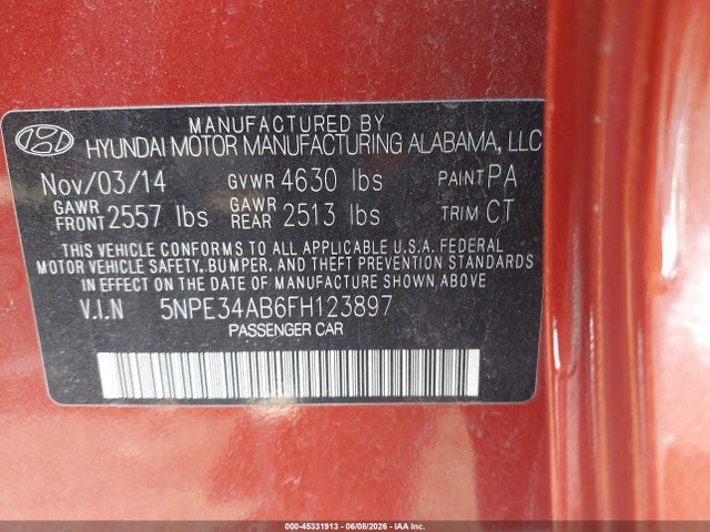 Aukcja sprzedaży 2015 Hyundai Sonata Limited 2.0t, vin: 5NPE34AB6FH123897, numer aukcji: 45331913