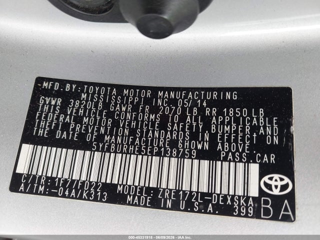 45331918 :رقم المزاد ، 5YFBURHE5EP138759 vin ، 2014 Toyota Corolla S مزاد بيع