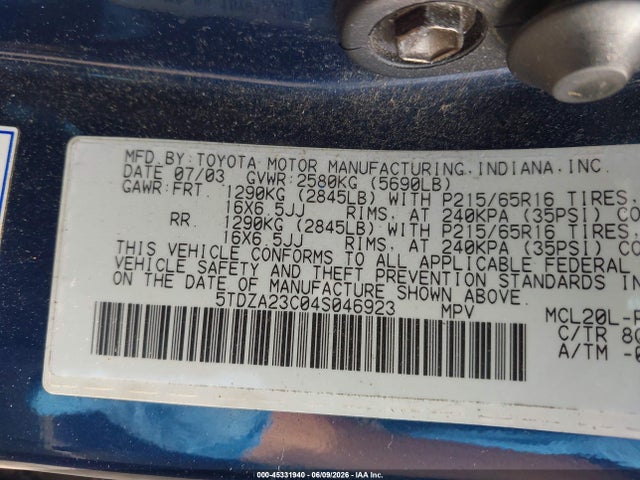 Aukcja sprzedaży 2004 Toyota Sienna Ce/le, vin: 5TDZA23C04S046923, numer aukcji: 45331940