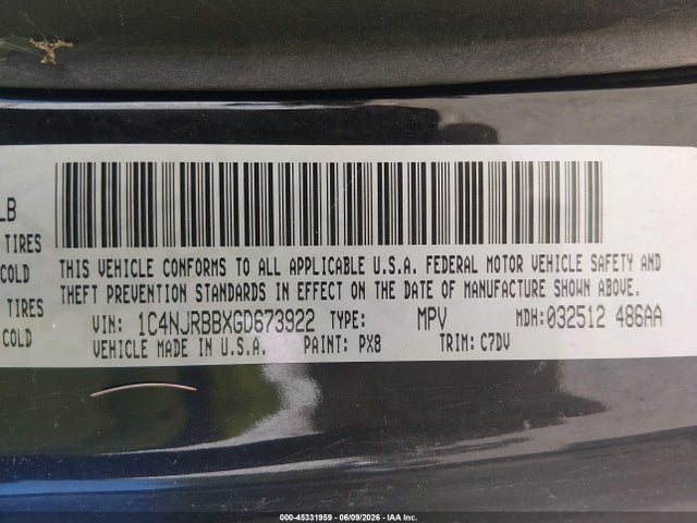 45331959 :رقم المزاد ، 1C4NJRBBXGD673922 vin ، 2016 Jeep Patriot Sport مزاد بيع