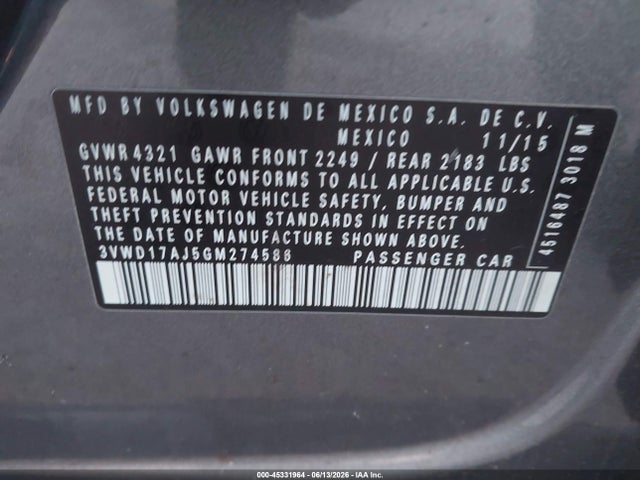 Aukcja sprzedaży 2016 Volkswagen Jetta 1.8t Sport, vin: 3VWD17AJ5GM274586, numer aukcji: 45331964