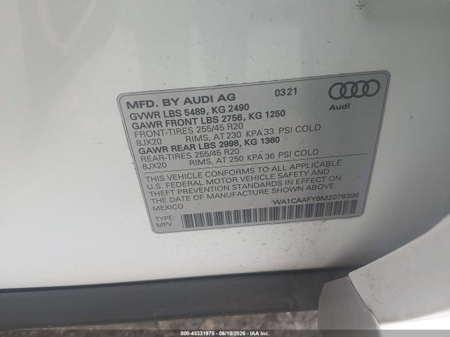 Aukcja sprzedaży 2021 Audi Q5 Prestige 45 Tfsi Quattro S Tronic, vin: WA1CAAFY8M2078396, numer aukcji: 45331975