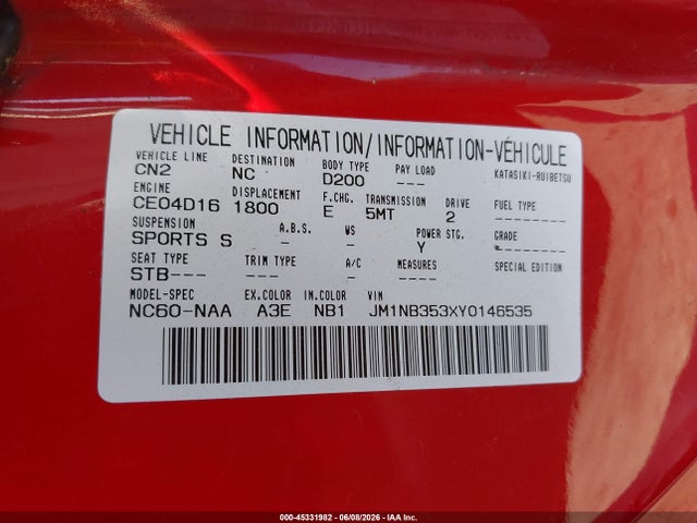 45331982 :رقم المزاد ، JM1NB353XY0146535 vin ، 2000 Mazda Mx-5 Miata Ls/special Edition مزاد بيع