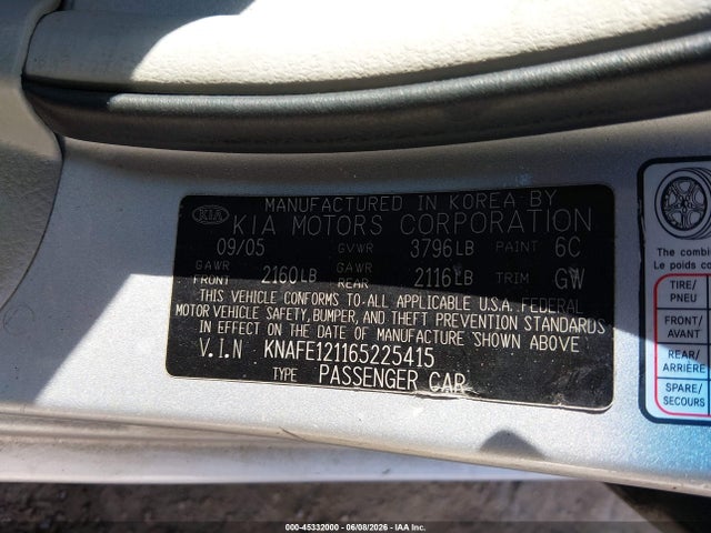 Aukcja sprzedaży 2006 Kia Spectra Ex/lx/sx, vin: KNAFE121165225415, numer aukcji: 45332000
