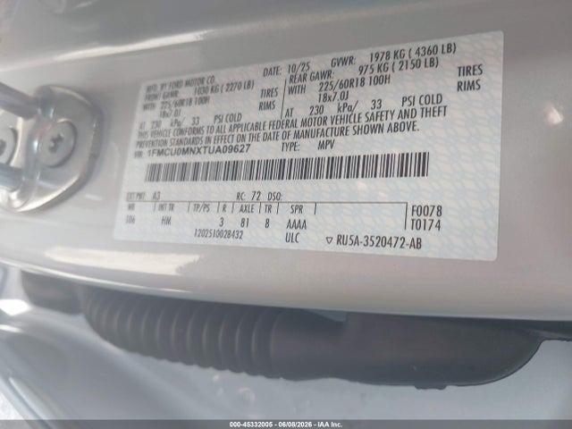 45332005 :رقم المزاد ، 1FMCU0MNXTUA09627 vin ، 2026 Ford Escape St-line مزاد بيع