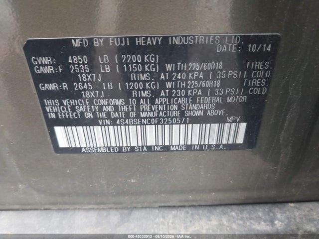 Aukcja sprzedaży 2015 Subaru Outback 3.6r Limited, vin: 4S4BSENC0F3250571, numer aukcji: 45332013