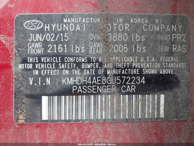 Aukcja sprzedaży 2016 Hyundai Elantra Limited, vin: KMHDH4AE8GU572234, numer aukcji: 45332028