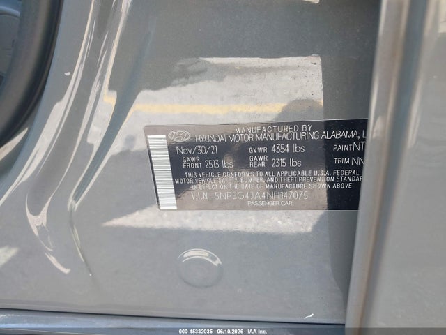 2022 Hyundai Sonata Se მანქანა იყიდება აუქციონზე, vin: 5NPEG4JA4NH147075, აუქციონის ნომერი: 45332035