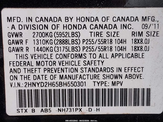 45332042 :رقم المزاد ، 2HNYD2H65BH550301 vin ، 2011 Acura Mdx Technology Package مزاد بيع