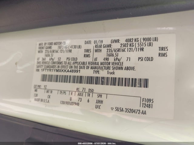 Auction sale of the 2019 Ford Transit-250, vin: 1FTYR1YMXKKA48991, lot number: 45332056