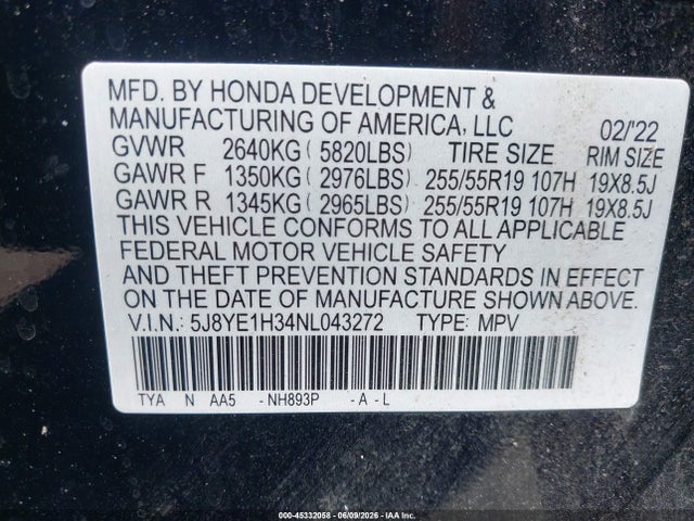 45332058 :رقم المزاد ، 5J8YE1H34NL043272 vin ، 2022 Acura Mdx Standard مزاد بيع