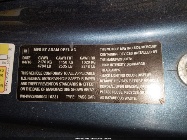 Продажа на аукционе авто 2016 Buick Cascada, vin: W04WV3N59GG116231, номер лота: 45332065
