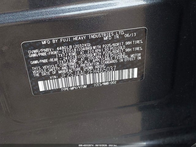 Aukcja sprzedaży 2014 Subaru Forester 2.5i, vin: JF2SJAAC2EH465037, numer aukcji: 45332074