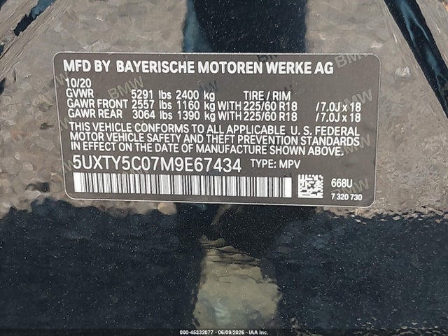 2021 Bmw X3 Xdrive30i მანქანა იყიდება აუქციონზე, vin: 5UXTY5C07M9E67434, აუქციონის ნომერი: 45332077