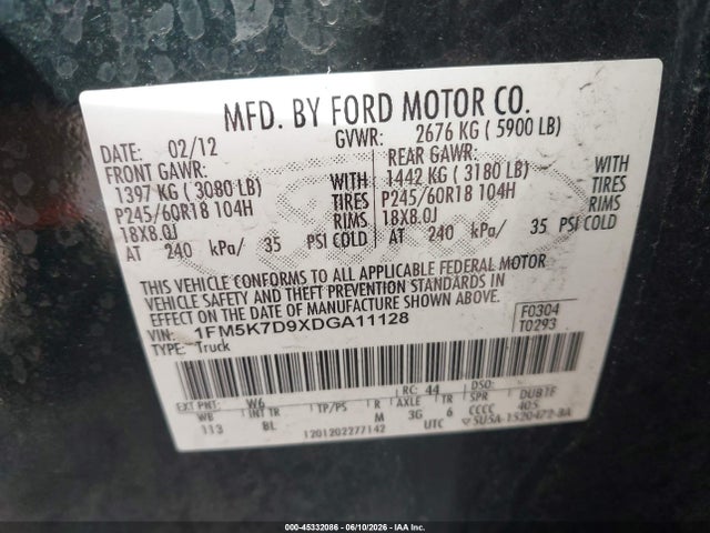45332086 :رقم المزاد ، 1FM5K7D9XDGA11128 vin ، 2013 Ford Explorer Xlt مزاد بيع