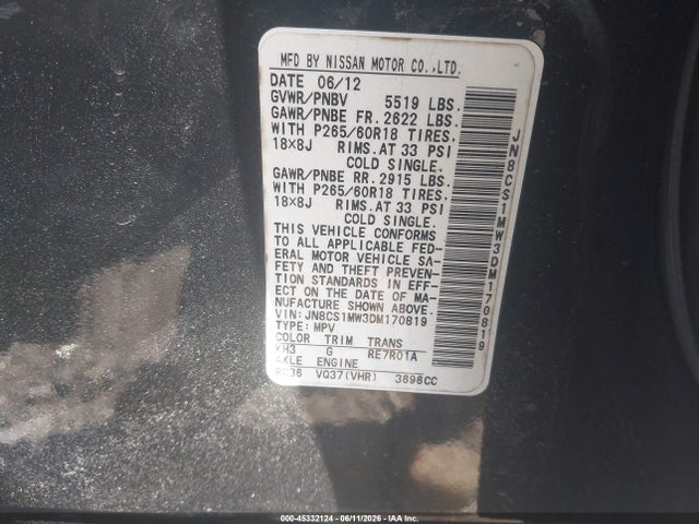 Aukcja sprzedaży 2013 Infiniti Fx37, vin: JN8CS1MW3DM170819, numer aukcji: 45332124
