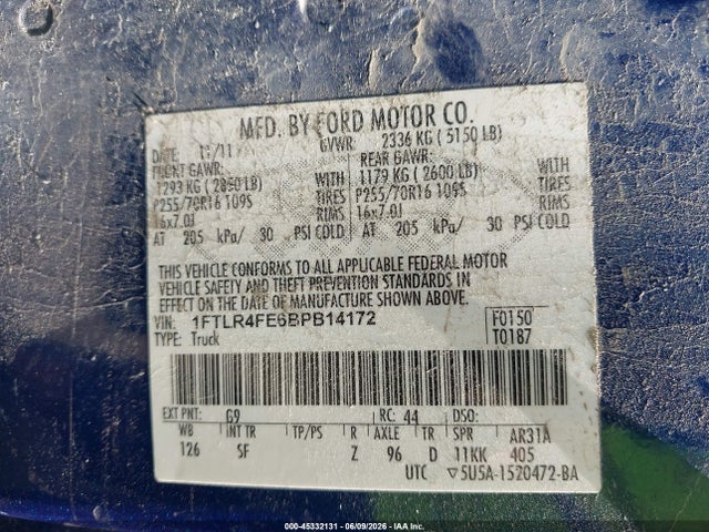 2011 Ford Ranger Sport მანქანა იყიდება აუქციონზე, vin: 1FTLR4FE6BPB14172, აუქციონის ნომერი: 45332131