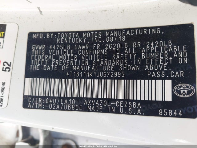 Aukcja sprzedaży 2018 Toyota Camry Se, vin: 4T1B11HK1JU672995, numer aukcji: 45332146