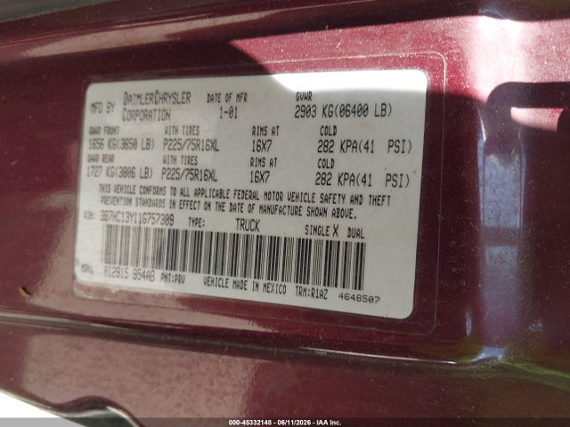 Продажа на аукционе авто 2001 Dodge Ram 1500 St, vin: 3B7HC13Y11G757309, номер лота: 45332148