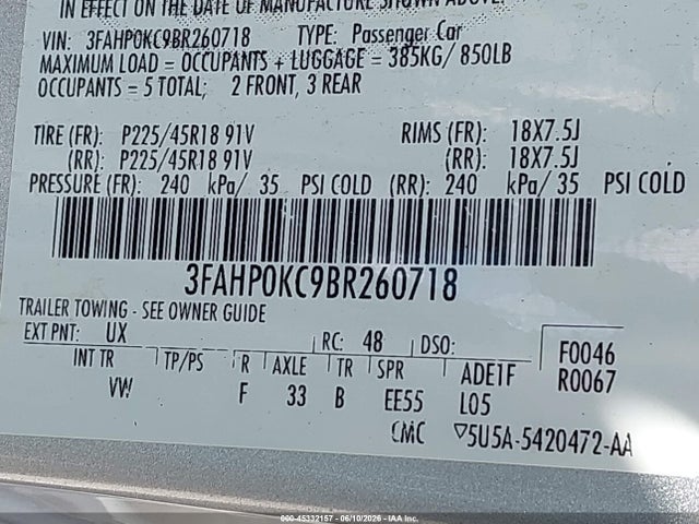 Aukcja sprzedaży 2011 Ford Fusion Sport, vin: 3FAHP0KC9BR260718, numer aukcji: 45332157