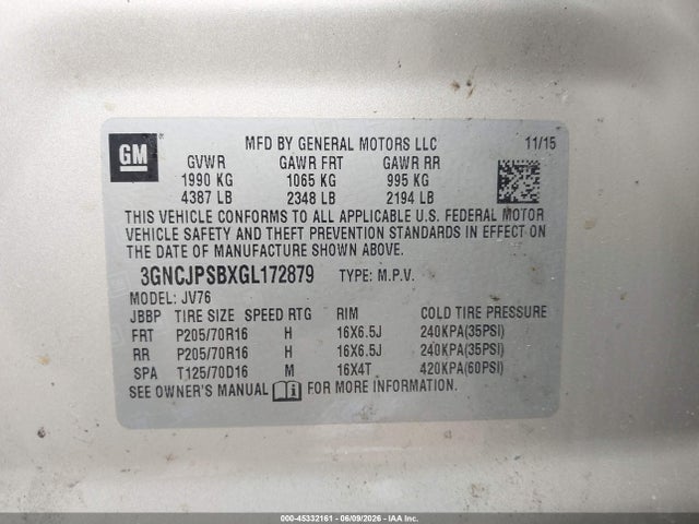 Продаж на аукціоні авто 2016 Chevrolet Trax Lt, vin: 3GNCJPSBXGL172879, номер лоту: 45332161
