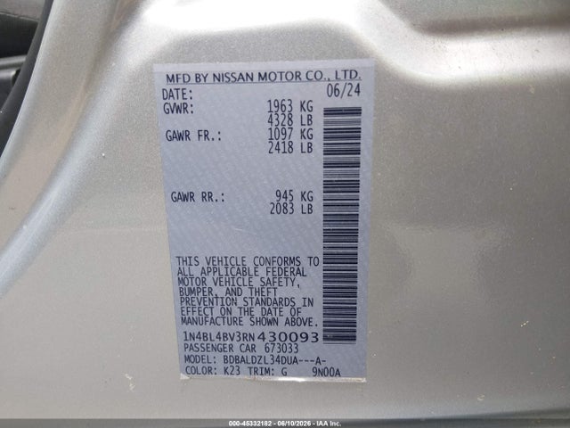 45332182 :رقم المزاد ، 1N4BL4BV3RN430093 vin ، 2024 Nissan Altima S Fwd مزاد بيع