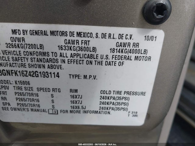 45332203 :رقم المزاد ، 3GNFK16Z42G193114 vin ، 2002 Chevrolet Suburban 1500 Ls مزاد بيع