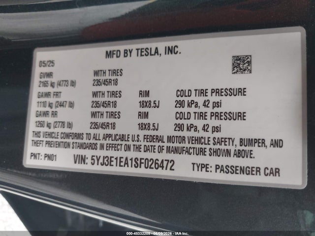 Продажа на аукционе авто 2025 Tesla Model 3 Long Range Rear-wheel Drive/standard Rear-wheel Drive, vin: 5YJ3E1EA1SF026472, номер лота: 45332205