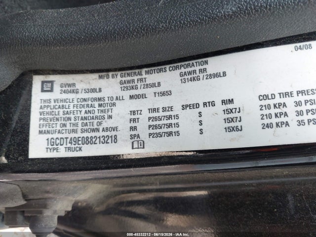45332212 :رقم المزاد ، 1GCDT49E088213218 vin ، 2008 Chevrolet Colorado Lt مزاد بيع