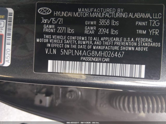 Aukcja sprzedaży 2021 Hyundai Elantra Sel, vin: 5NPLN4AG8MH026467, numer aukcji: 45332217