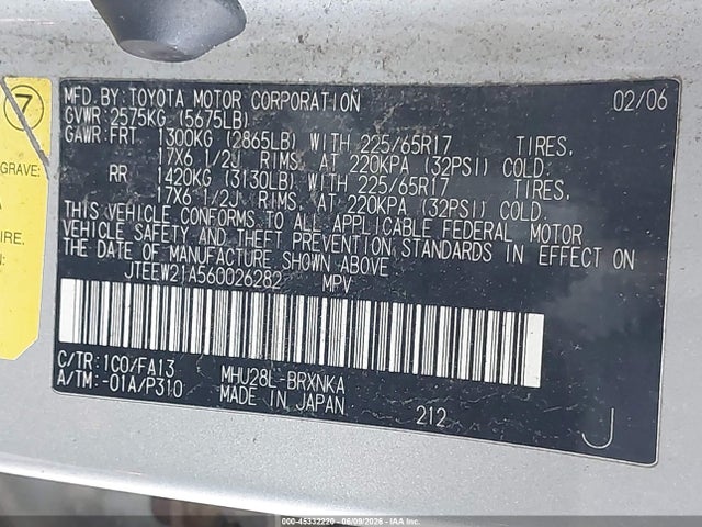 Продаж на аукціоні авто 2006 Toyota Highlander Hybrid V6, vin: JTEEW21A560026282, номер лоту: 45332220