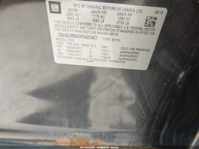 Aukcja sprzedaży 2015 Gmc Terrain Sle-1, vin: 2GKALMEK6F6400467, numer aukcji: 45332238