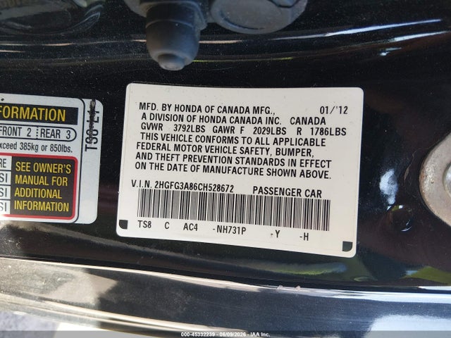 Auction sale of the 2012 Honda Civic Ex, vin: 2HGFG3A86CH528672, lot number: 45332239