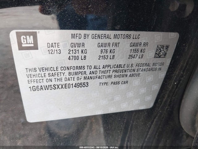 2014 Cadillac Cts Standard მანქანა იყიდება აუქციონზე, vin: 1G6AW5SXXE0149553, აუქციონის ნომერი: 45332243