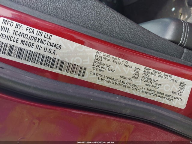 45332246 :رقم المزاد ، 1C4RDJDGXNC134450 vin ، 2022 Dodge Durango Gt Awd مزاد بيع