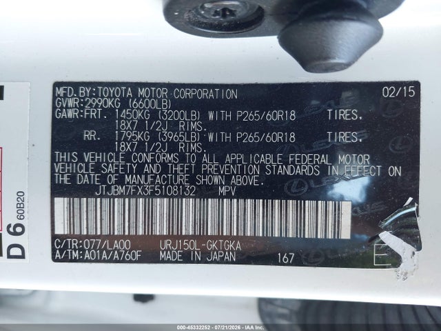 Aukcja sprzedaży 2015 Lexus Gx 460, vin: JTJBM7FX3F5108132, numer aukcji: 45332252