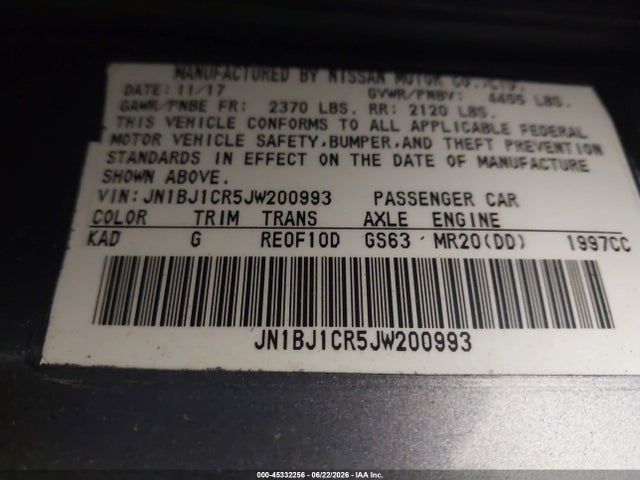45332256 :رقم المزاد ، JN1BJ1CR5JW200993 vin ، 2018 Nissan Rogue Sport Sv مزاد بيع